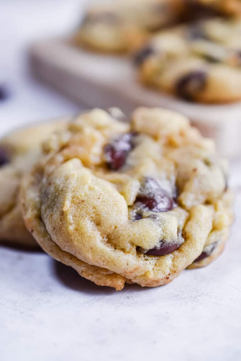 A close up of the sourdough chocolate chip cookie.