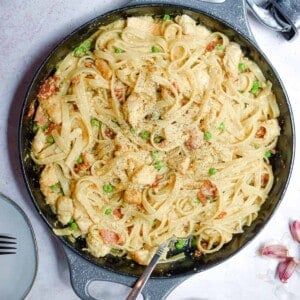 An overhead shot of a pot of chicken carbonara