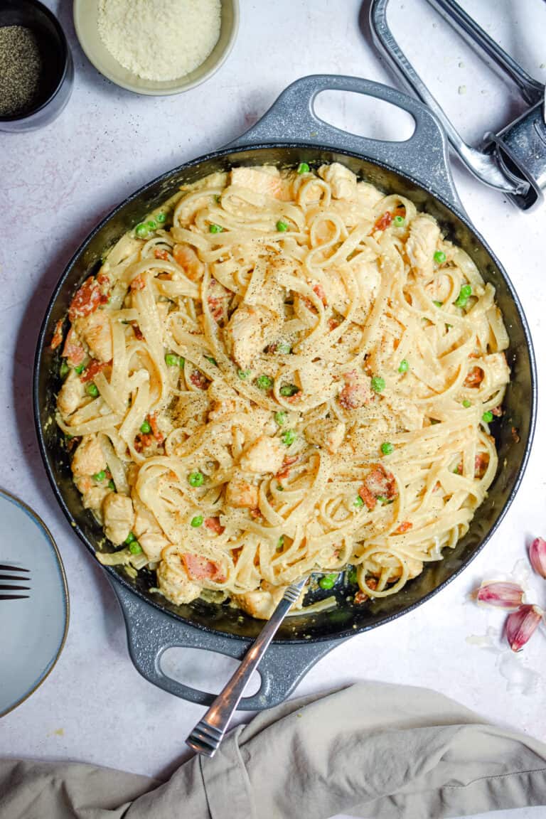 An overhead shot of a pot of chicken carbonara