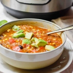 A bowl of soup is in front of the Instant Pot.
