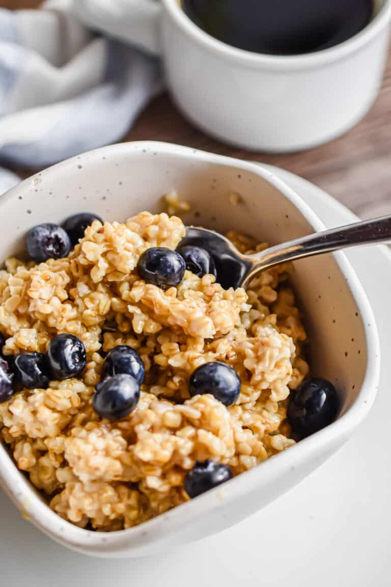 A close up of the texture of the Instant Pot overnight steel cut oats.