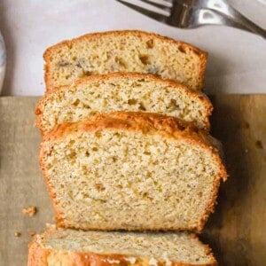 An overhead shot of three slices of banana bread.
