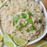 An overhead shot of the bowl of Instant Pot Cilantro Lime Brown Rice.