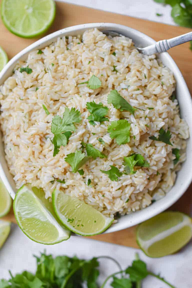 An overhead shot of the bowl of Instant Pot Cilantro Lime Brown Rice.