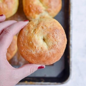 A hand is holding one of the 5 ingredient bagels