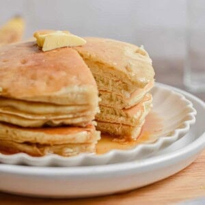 A portion of the bisquick banana pancake stack is missing.