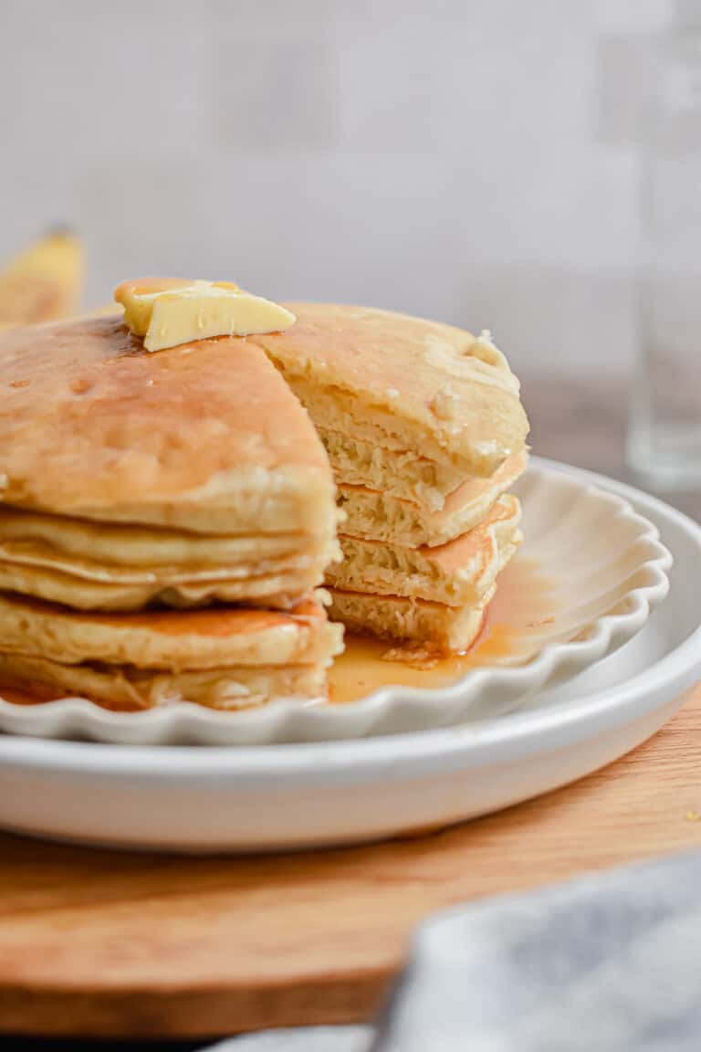A portion of the bisquick banana pancake stack is missing.