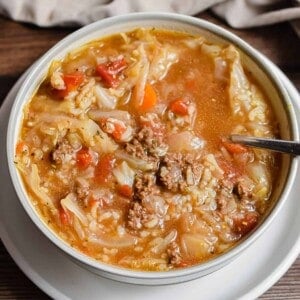 The napkin is behind the Instant Pot Cabbage Rolls Soup