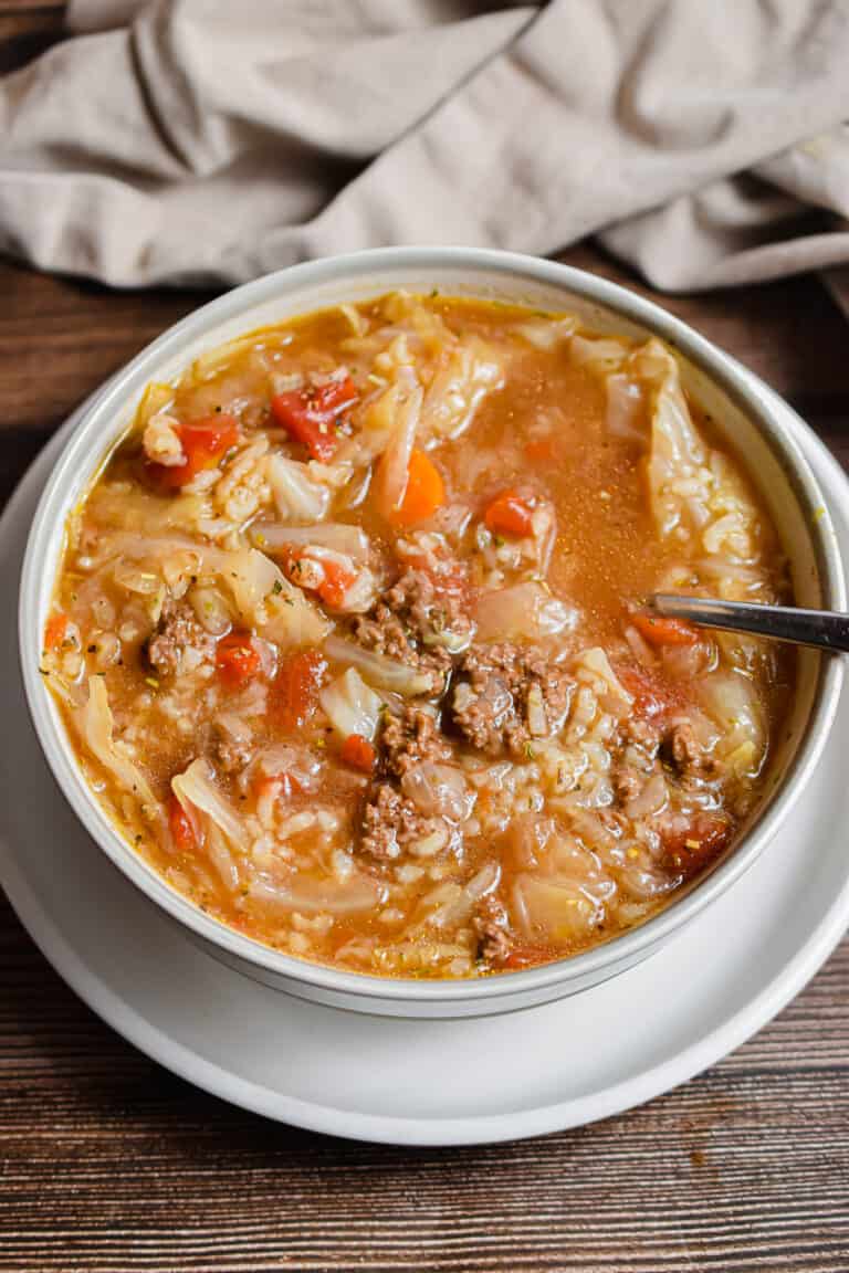 The napkin is behind the Instant Pot Cabbage Rolls Soup
