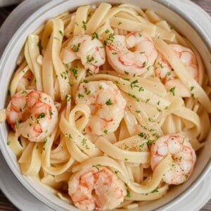 An overhead shot of the Instant Pot Shrimp Scamp in a bowl