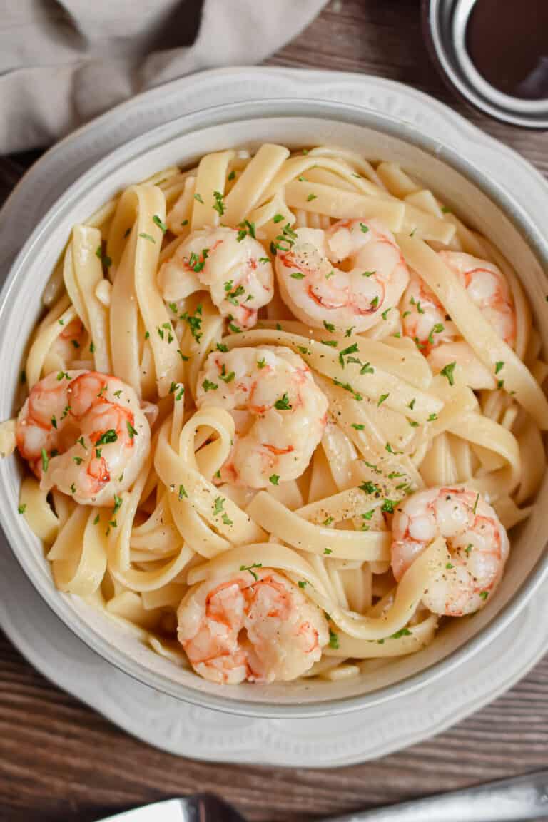 An overhead shot of the Instant Pot Shrimp Scamp in a bowl