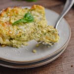A piece of the zucchini casserole with bisquick is on a fork.