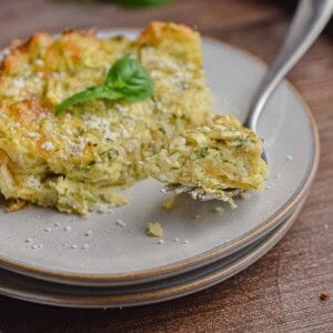 A piece of the zucchini casserole with bisquick is on a fork.