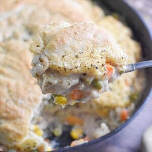 The turkey pot pie with bisquick is lifted out of the pan and held with a spoon.