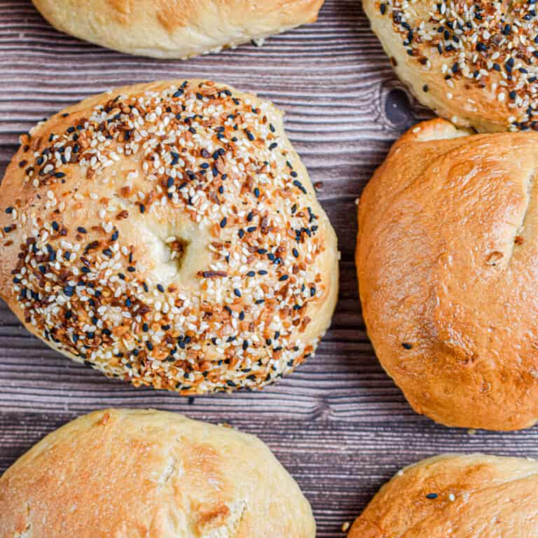 An everything sourdough discard bagel is next to five other bagels on a wooden background.