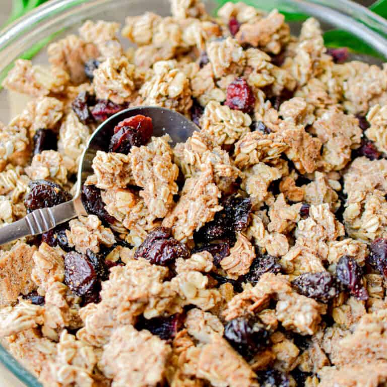 A spoon is just slightly in the bowl of sourdough granola.