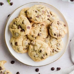 The bisquick chocolate chip cookies are on a white plate with a small green plant next to the plate.