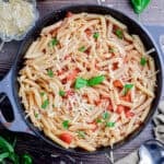 The penne pomodoro is topped with a small piece of basil and surrounded by parmesan cheese and basil leaves.