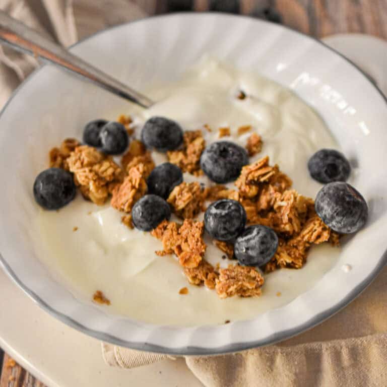 The blueberries and granola are topping the Instant Pot yogurt with a spoon in the bowl.