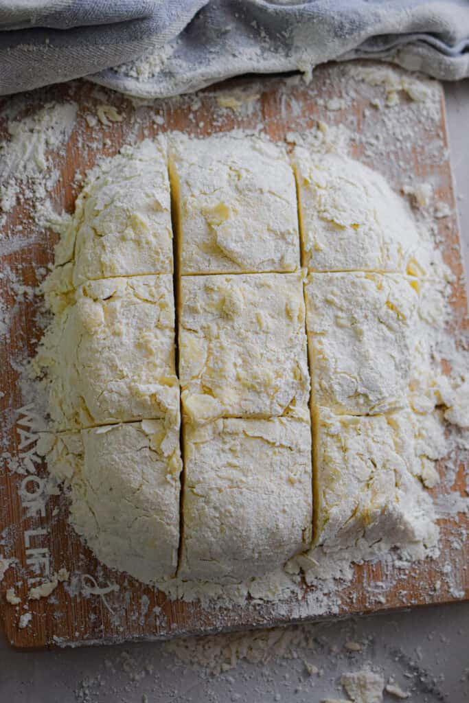 The dough is cut into nine pieces.