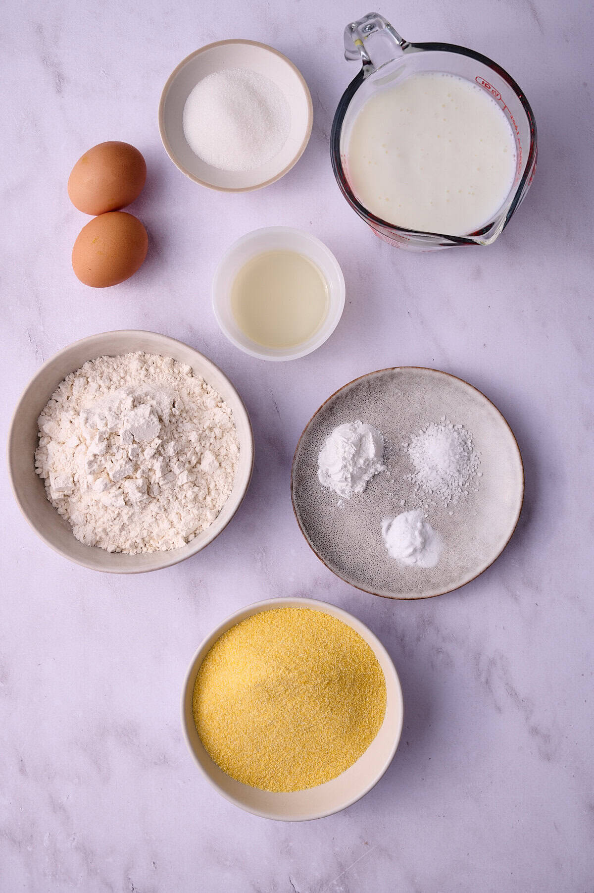 The ingredients for the cornmeal pancakes are laid out.