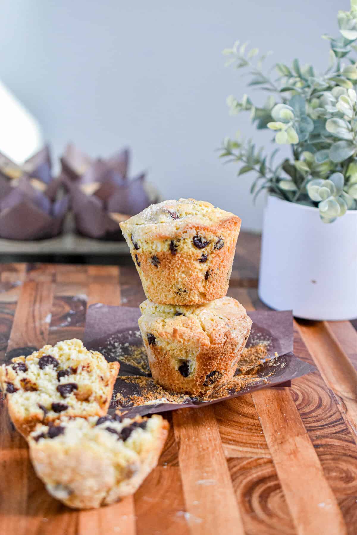Two chocolate chip muffins with self rising flour are on a cutting board with a green plant in the background.