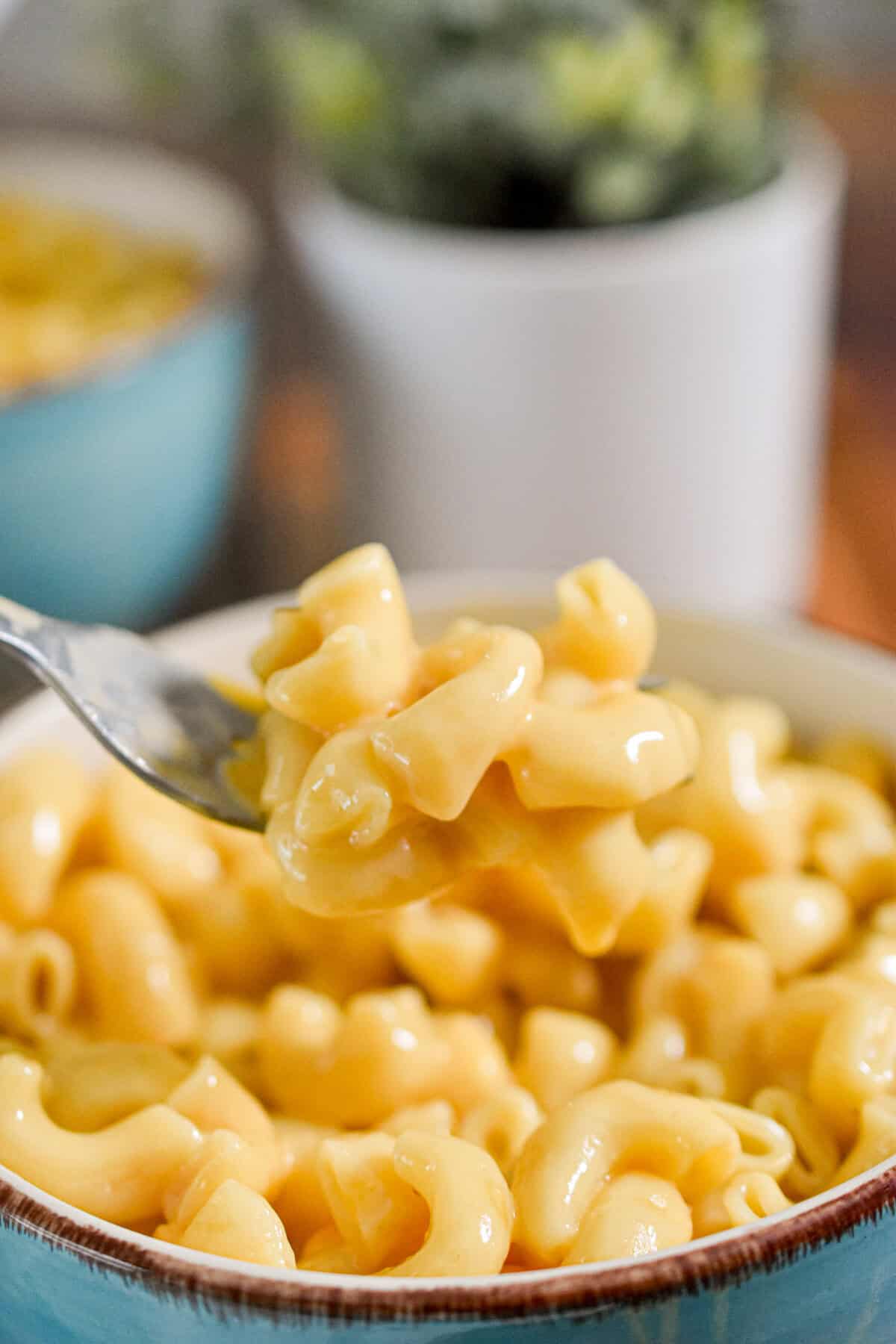 A fork is lifting the mac and cheese out of the bowl.