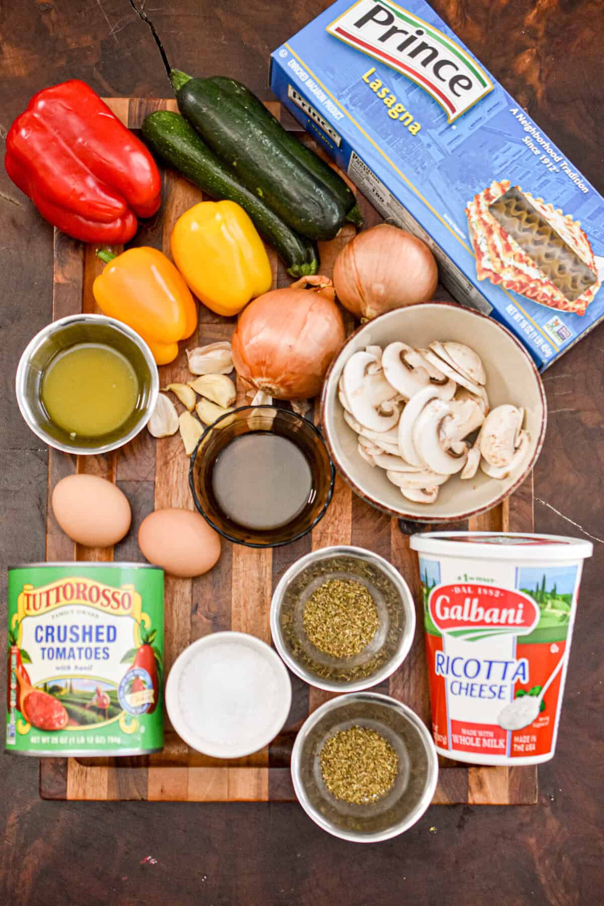 The ingredients for the vegetable lasagna are all laid out.