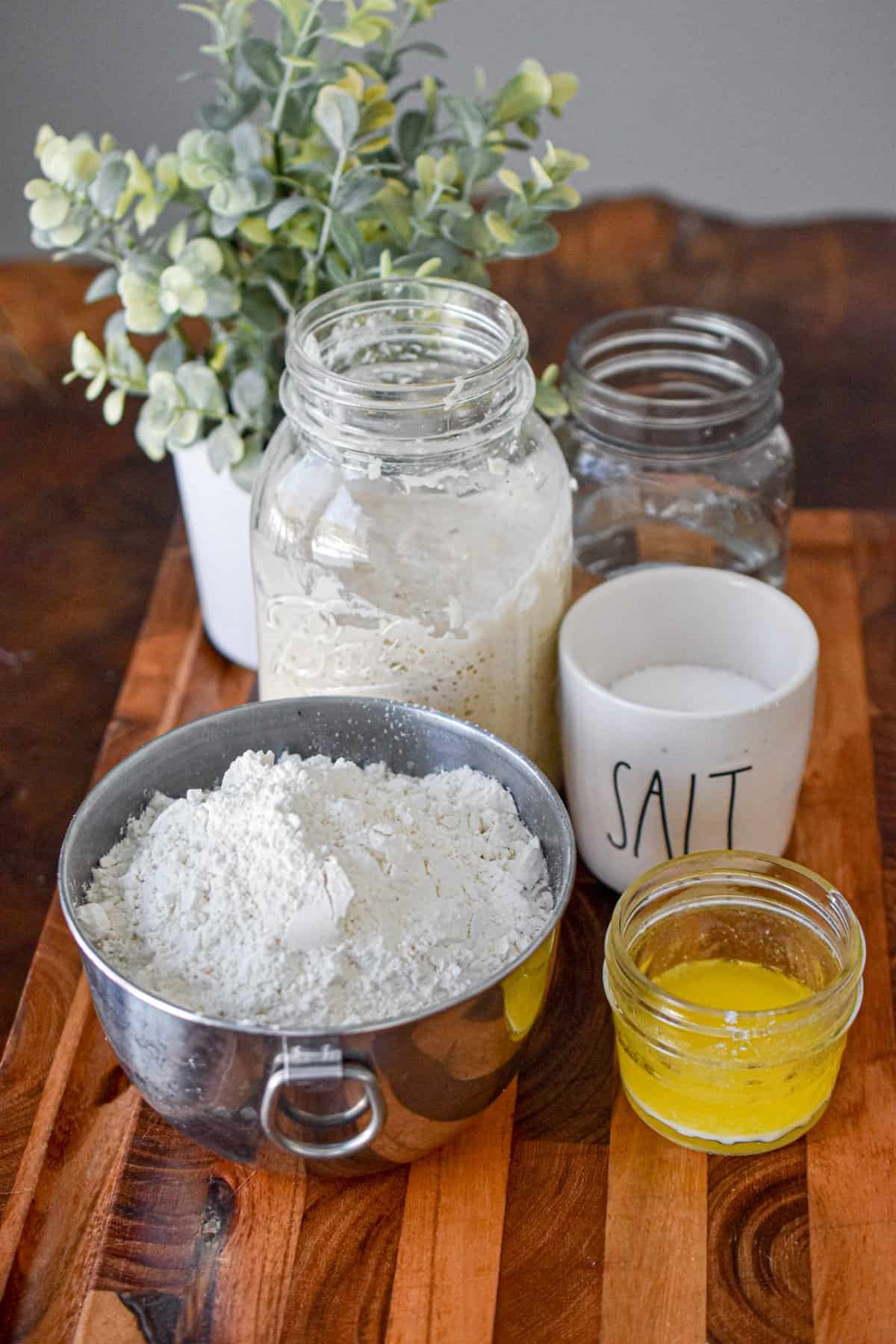 The ingredients for the sourdough pretzels are laid out with a green plant on the board.