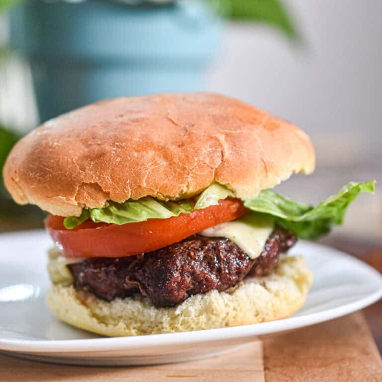 A hamburger is built on a sourdough discard hamburger bun.