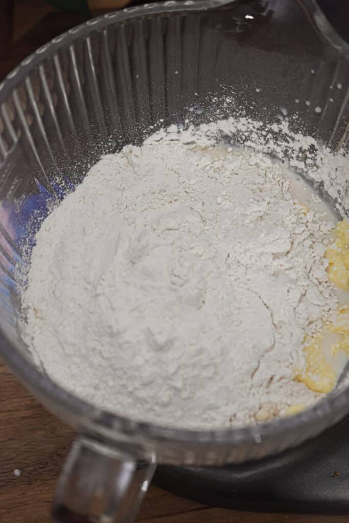 The flour is added to the mixer.