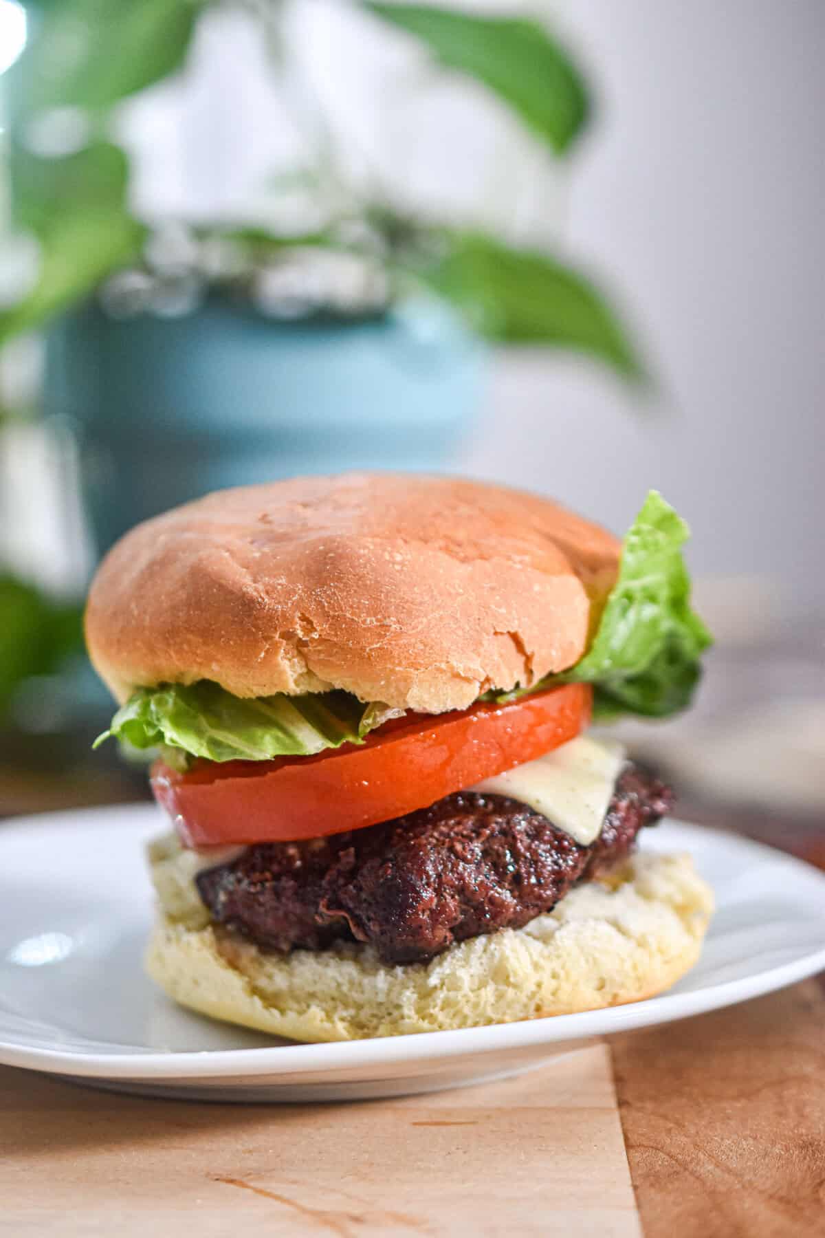 A hamburger is made fulling on a sourdough discard hamburger bun.