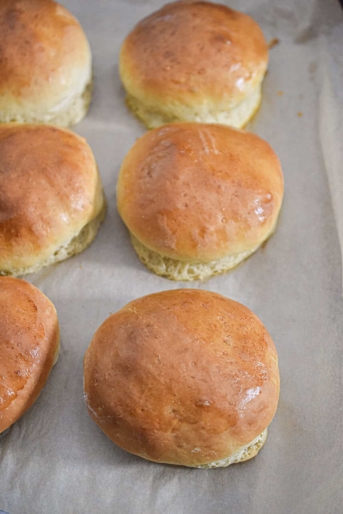 The sourdough discard hamburger buns are on a parchment lined baking sheet.