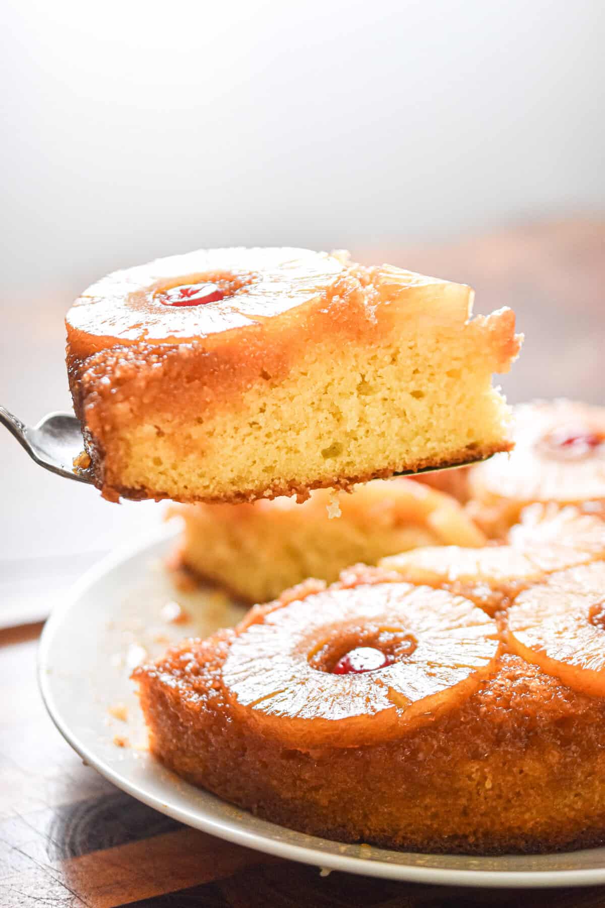 A pie slicer is holding a piece of the cake.