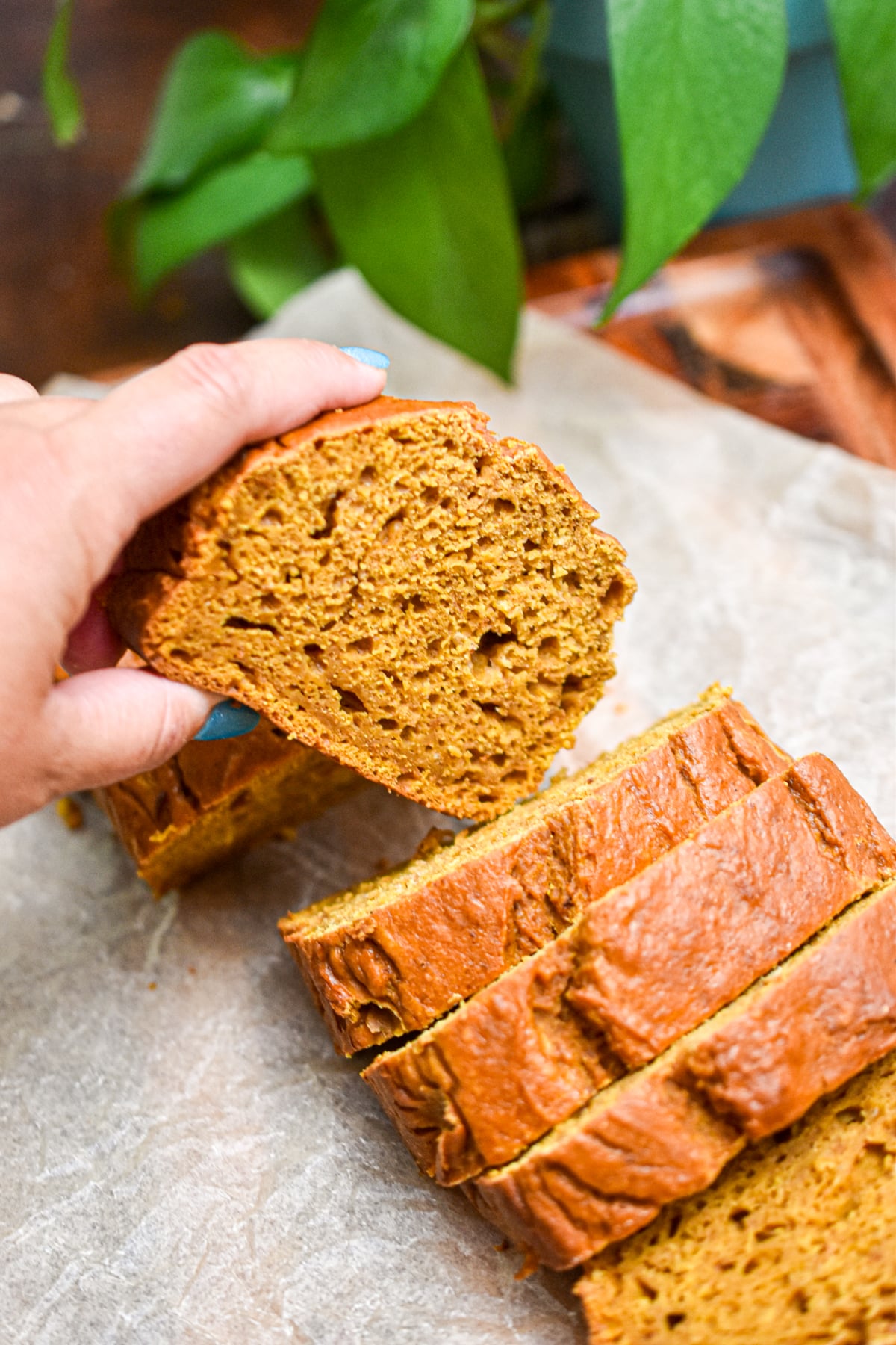 A hand is taking a piece of the pumpkin bread with self rising flour out of the loaf.