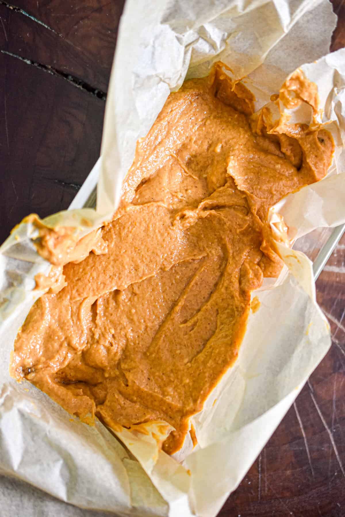 The batter is in the loaf pan ready to be baked.