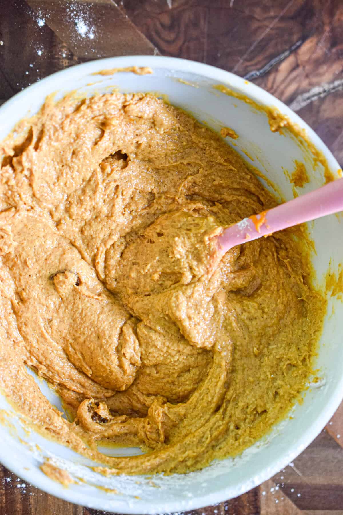 The 5 ingredient pumpkin bread batter is in a bowl.