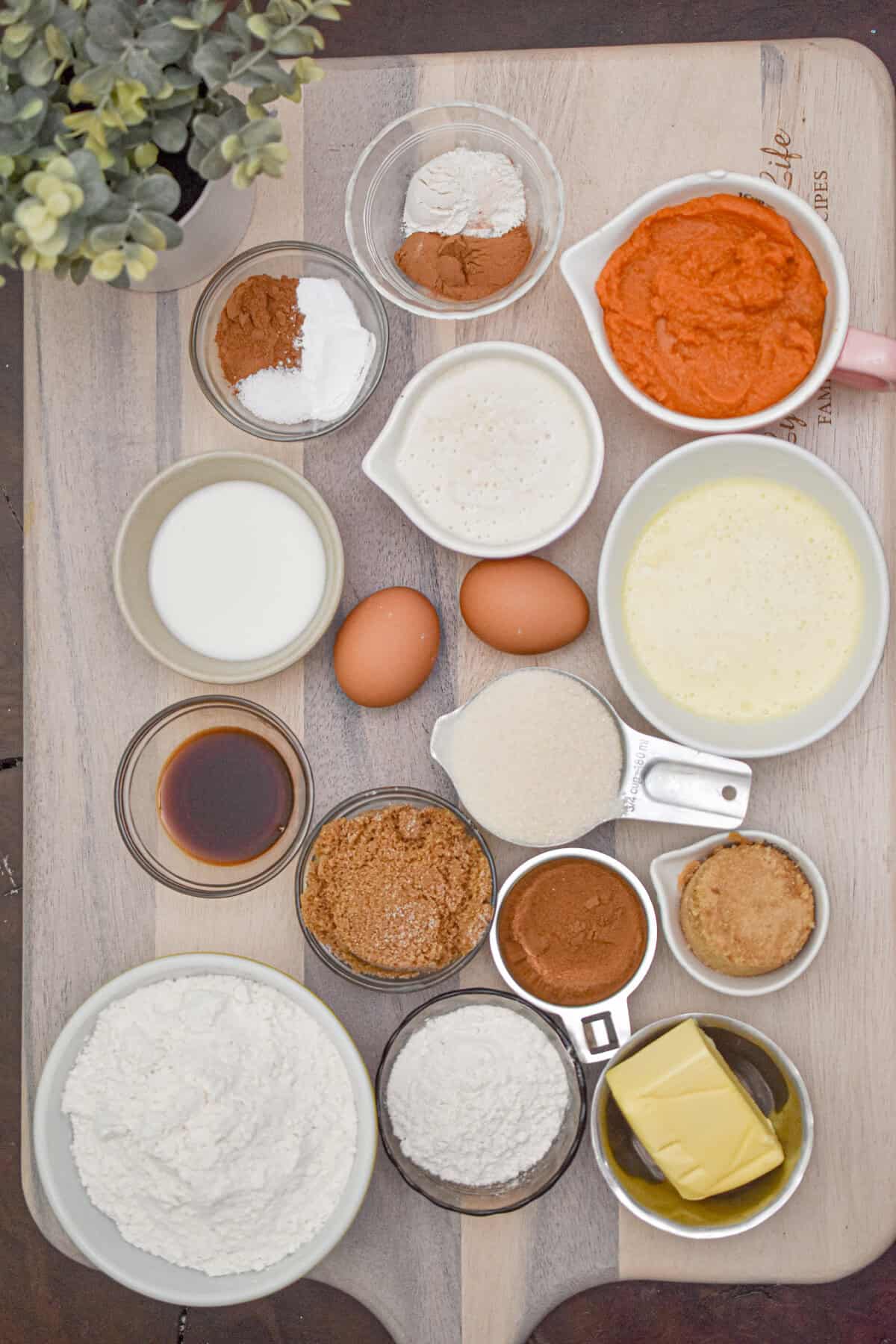 The ingredients for the sourdough discard pumpkin cake are laid out.