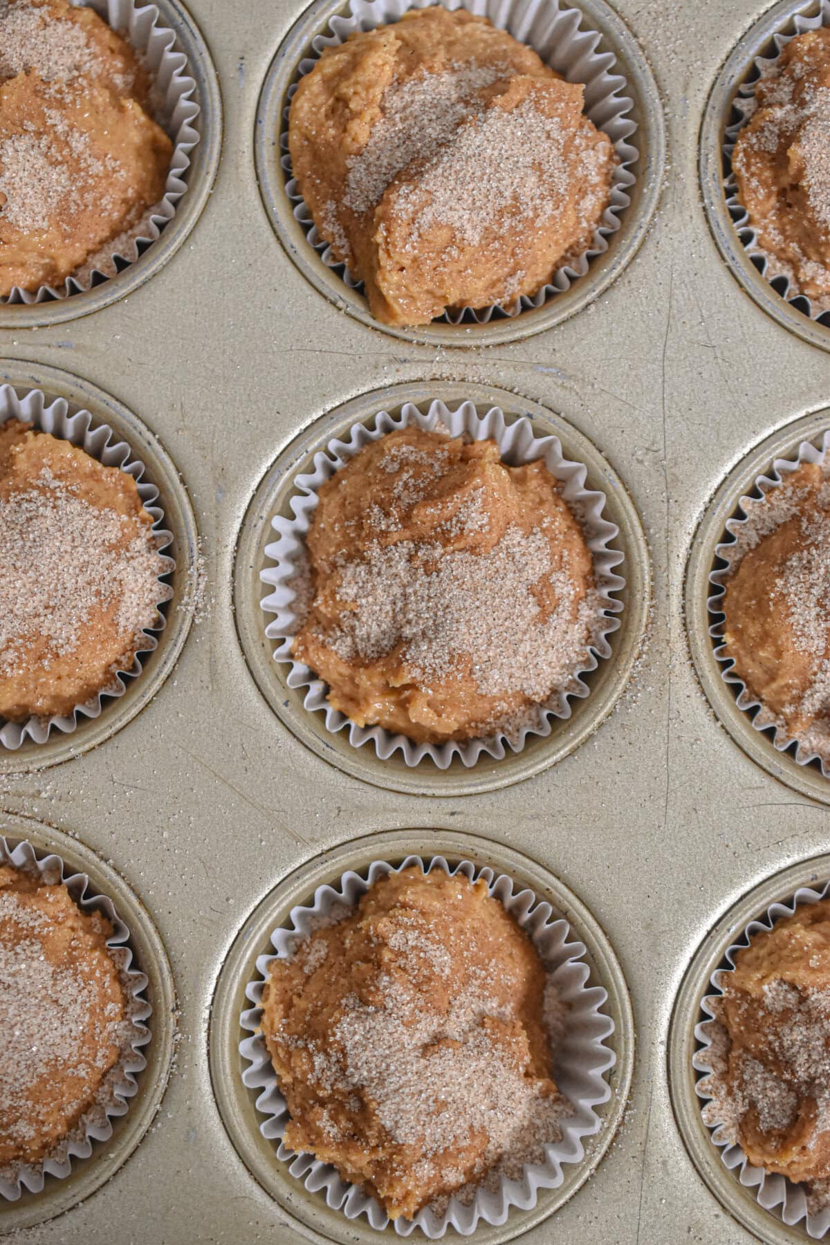 The batter is sprinkled with a cinnamon and sugar mixture.