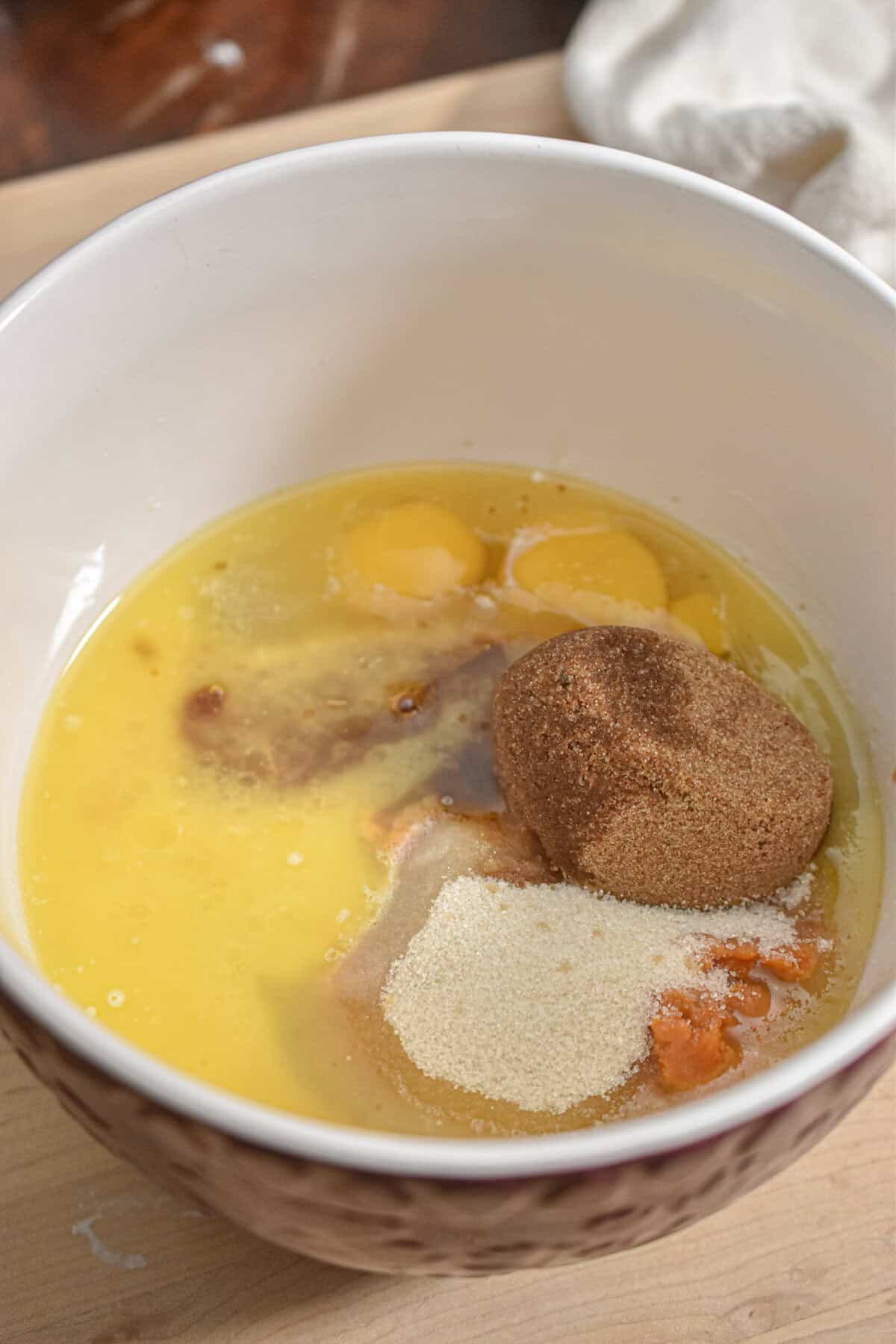 The wet ingredients are in a large mixing bowl.