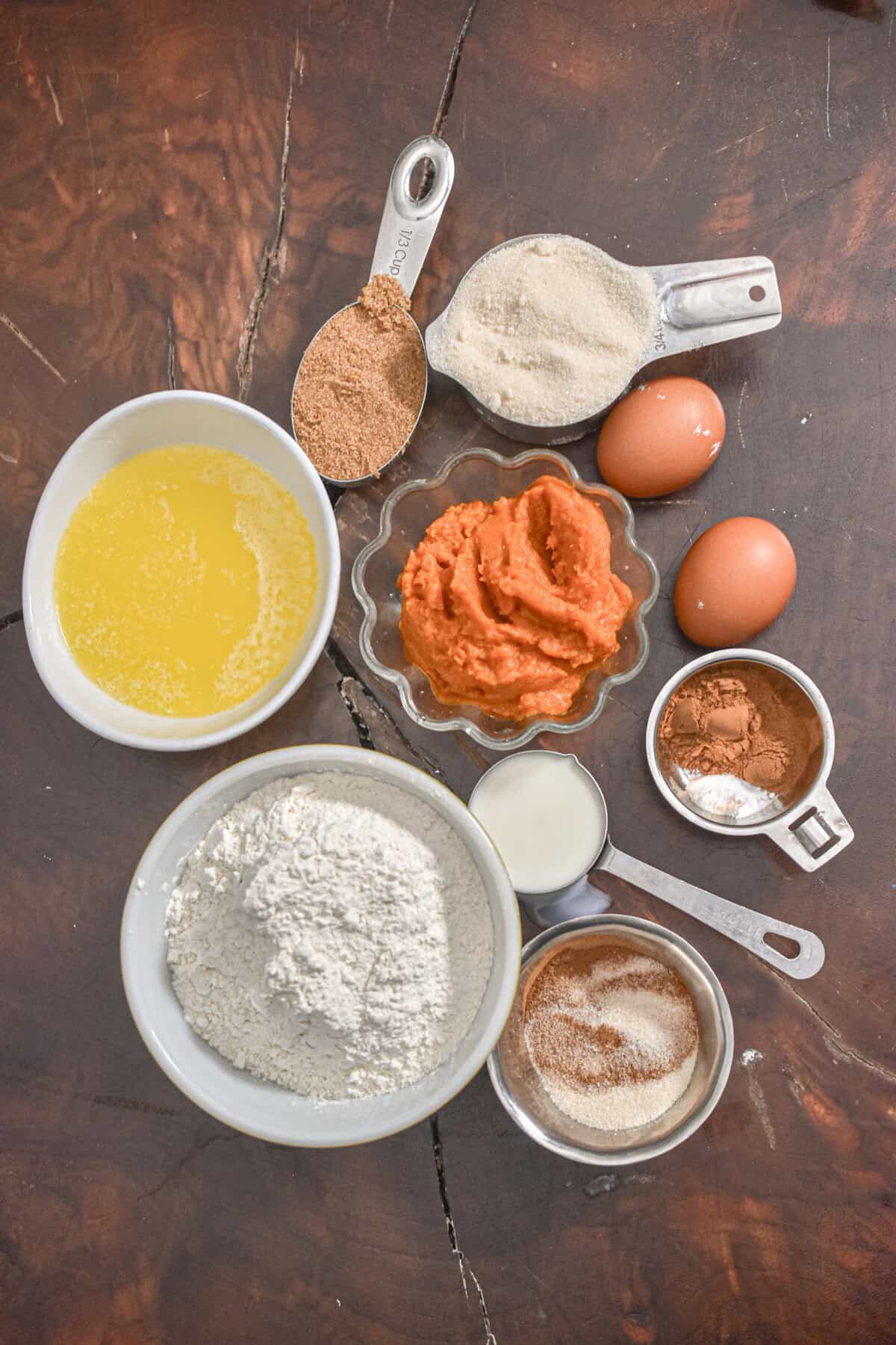 The ingredients for the pumpkin muffins are laid out.