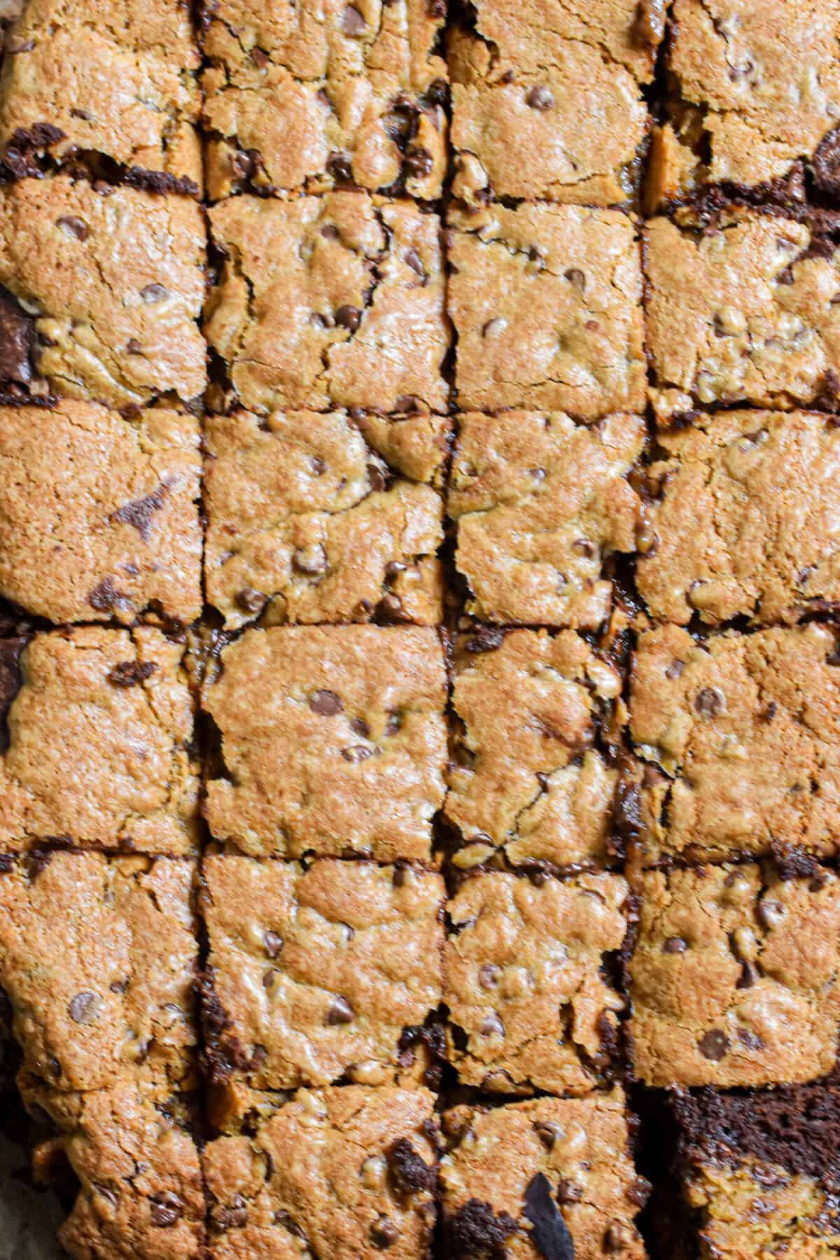 The sourdough brookies are cut into small squares.
