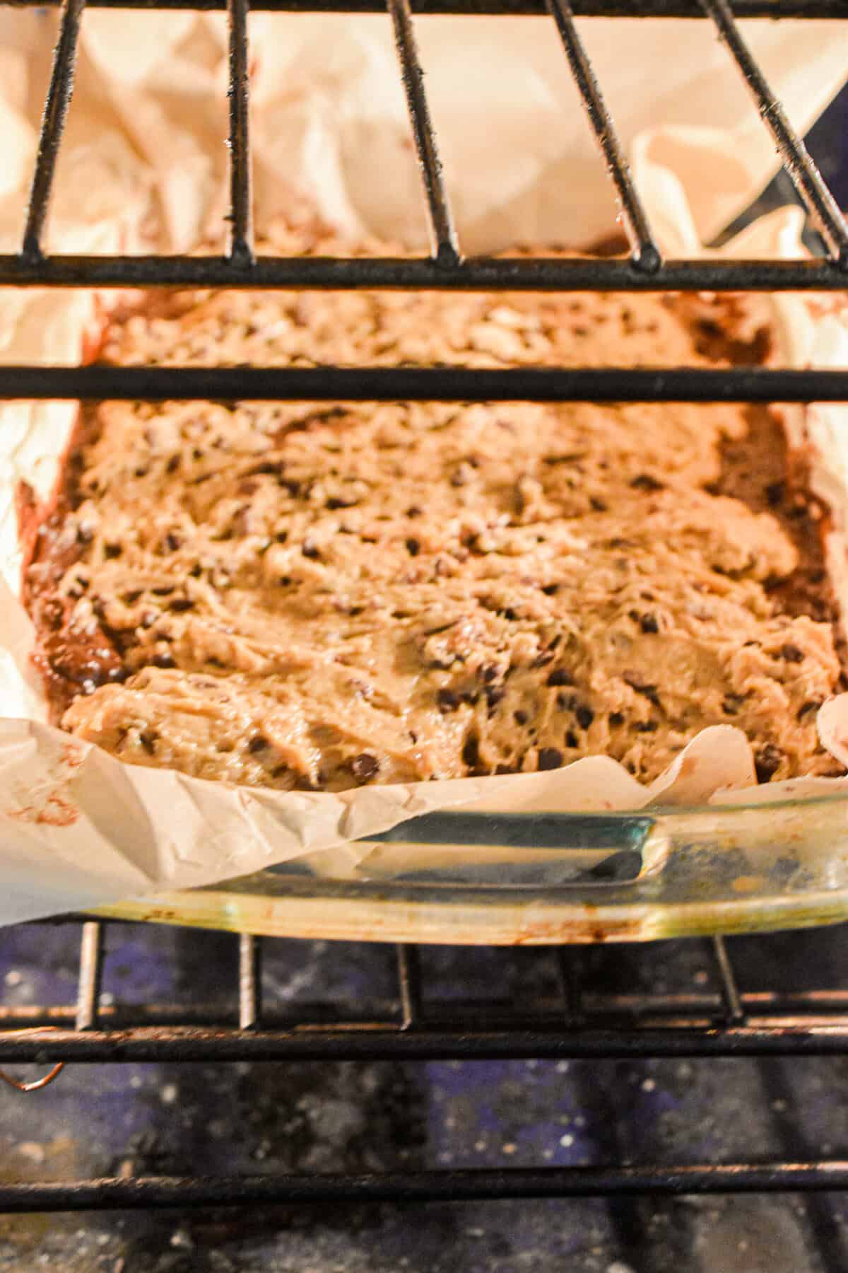 The sourdough brookie pan is in the oven.