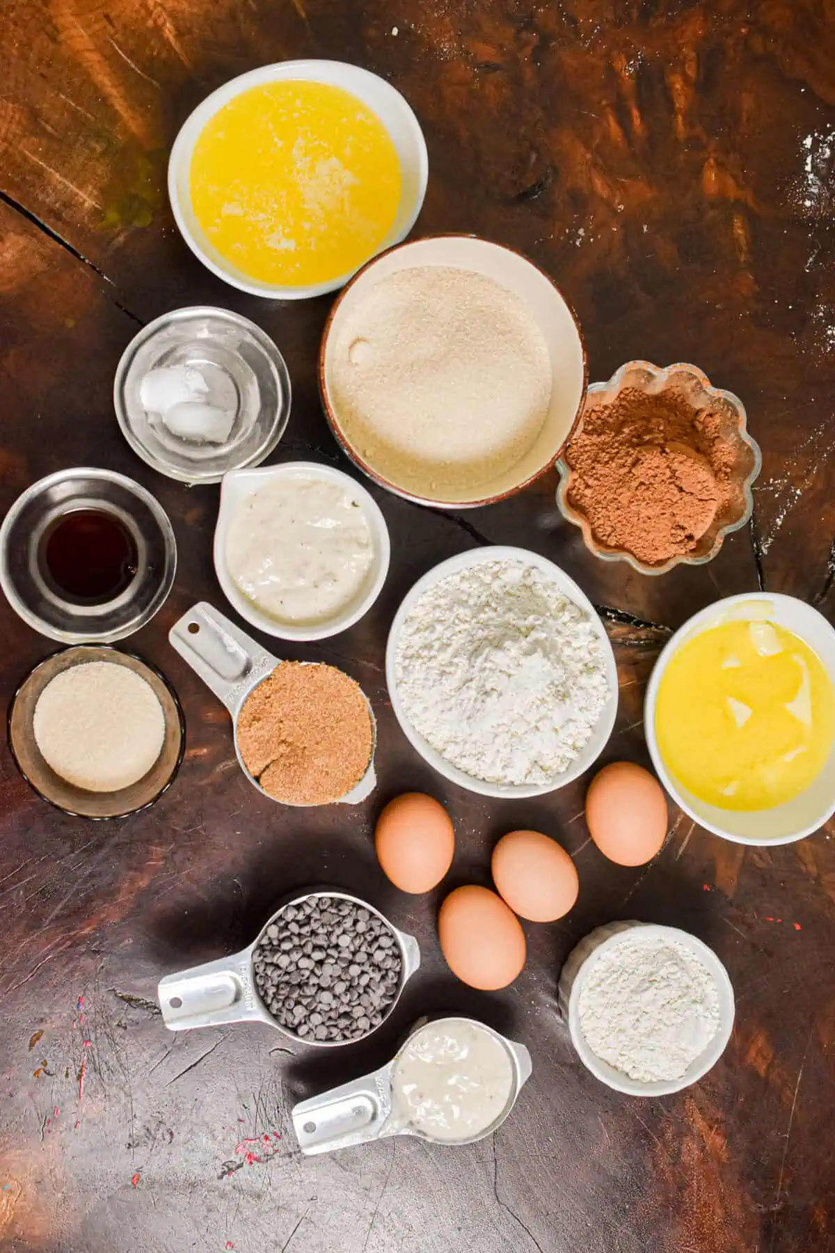 The ingredients for the sourdough brookies are laid out.