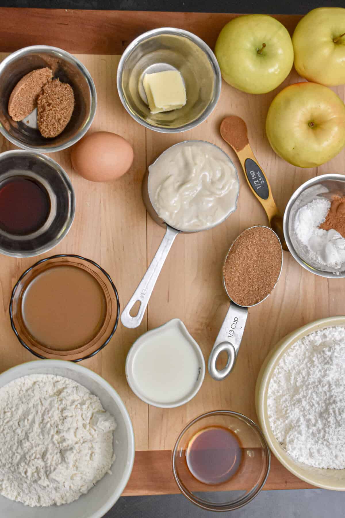 The ingredients for the sourdough discard apple fritters are laid out.