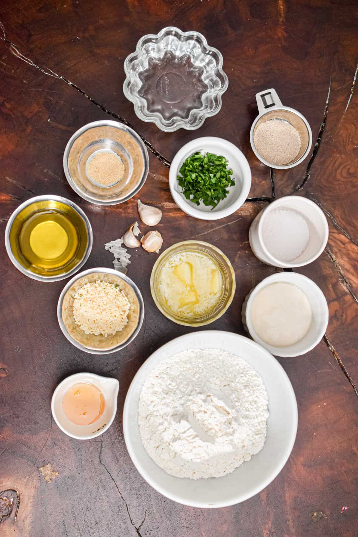 The ingredients for the sourdough garlic knots are laid out.